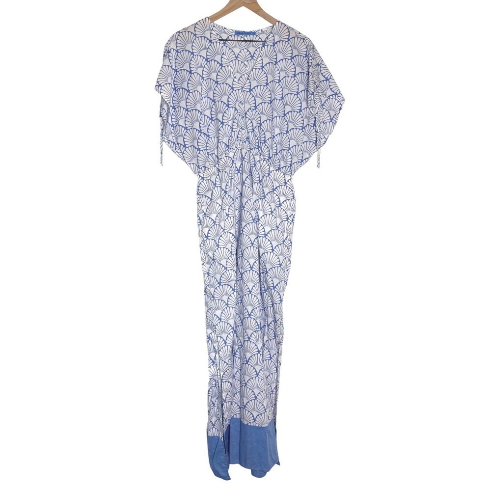 J. McLaughlin Blue White Shell Print Cotton Maxi Dress Kaftan Medium